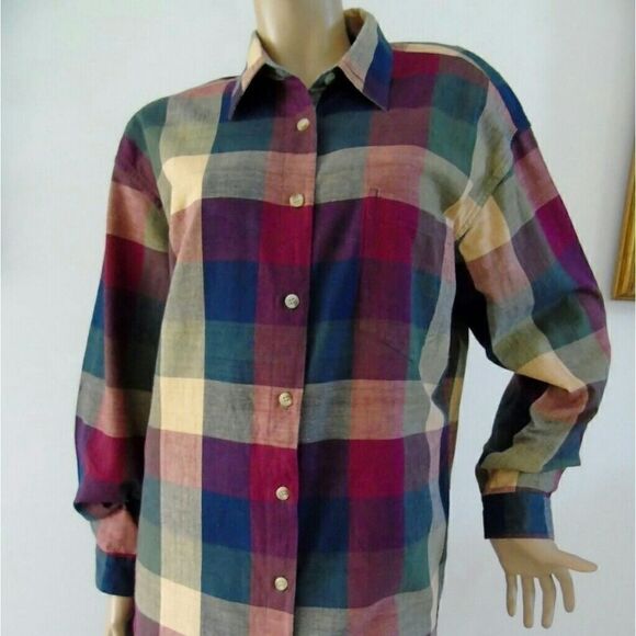 Vintage Boyfriends Shirt Multi Color Plaid Cotton - Picture 2 of 7